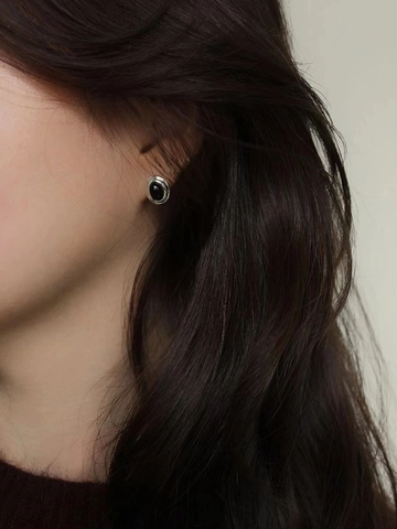 925 Sterling Silver Natural Black Agate Stud Earrings For Women Korean Minimalist Oval Gemstone Studs High Sense Jewelry