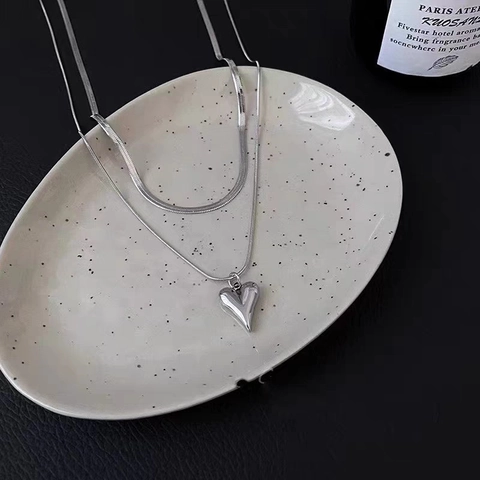 Stainless Steel Double Layer Heart Pendant Necklace And Heart Hoop Earrings Minimalist Elegant Jewelry For Women