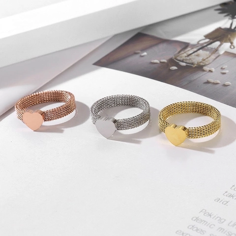 Minimalist Heart Ring Stainless Steel Woven Mesh Chain Band Shell Inlay Fashion Jewelry For Women