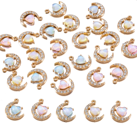 Pendentif Lune Cœur Alliage Strass Pierre Irisée DIY Création Bijoux Charmes