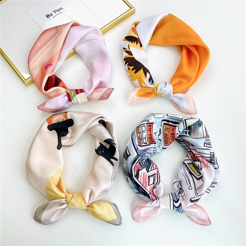Foulard Quadrato Donna Raso Effetto Raso Sciarpa Decorativa Stampa Illustrazione Artistica Fascia Capelli Accessorio Borsa