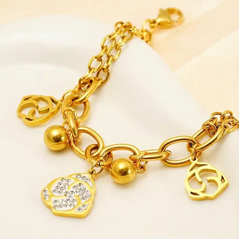 Bracciale Pendente Fiore Placcato Oro 18K Acciaio Inossidabile Strass Rosa Cava Tulipano Gioielli Donna Minimalista
