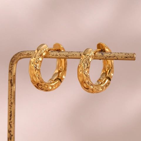 Minimalist Stainless Steel Hoop Earrings For Women Gold Plated Irregular Hammered Moon Surface Round Loop Ear Buckle Jewelry