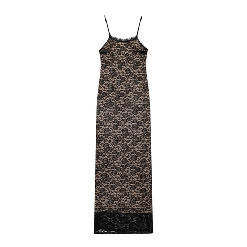 Sexy Spitze Maxi Kleid Spaghettiträger Ärmellos Slim Fit Hohe Taille U-Ausschnitt Floral Mesh Elegantes Langes Damenkleid