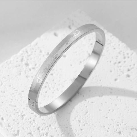 Vintage Stainless Steel Forever Love Engraved Bangle For Women Couples Rose Flower Pattern Hinge Buckle Brushed Gold Steel Bracelet Jewelry