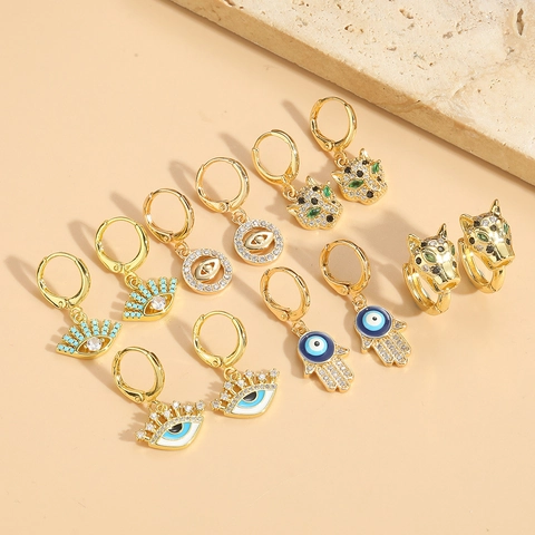Vintage Kupfer Böser Blick Ohrringe Für Damen Bunte Emaille Zirkonia Leopard Hand Der Fatima Ohrringe Mode Schmuck Geschenk