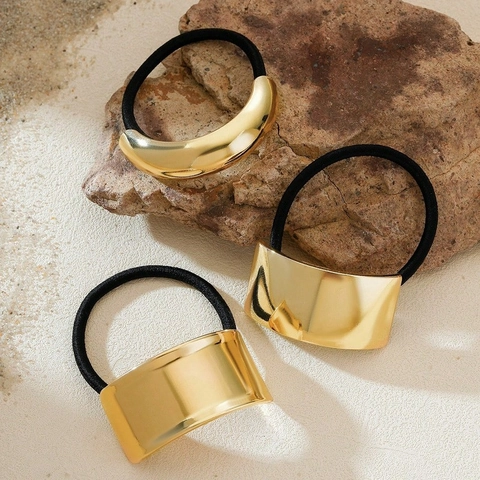 Women Geometric Metal Hair Ties Elastic Ponytail Holder Gold Crescent Rectangle Cuff Hair Bands Minimalist Fashion Accessories