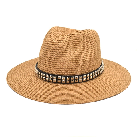 Fedora Hat Straw Woven Sun Protection Summer Beach Outdoor Jazz Cap With Double Row Rivet Decor