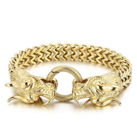 Bracciale da Uomo Hip Hop in Acciaio al Titanio con Testa di Drago Placcato in Oro 18K Motivo Intagliato Catena Retrò Gioielli