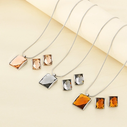 Collana E Orecchini A Lobo In Acciaio Inossidabile Con Pendente In Vetro Quadrato Gioielli Geometrici Di Moda Per Donna