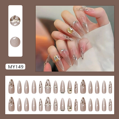 Press On Nägel Champagner Leopard Katzenauge Stiletto Form Straßstein Glitzer Künstliche Fingernägel Damen Elegant