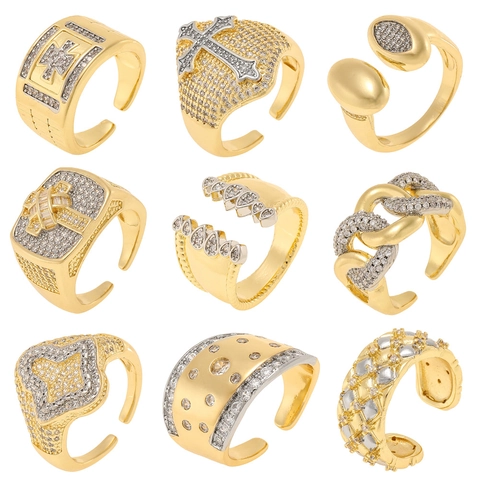 Anello Aperto Regolabile in Rame con Zirconia per Donna Bicolore Oro Argento Placcato Croce Stella Gioielli da Dito Geometrici