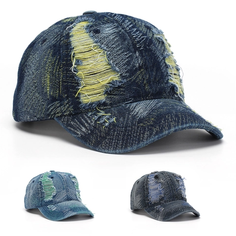 Distressed Denim Baseball Cap Vintage Washed Cotton Ripped Frayed Streetwear Sun Hat Adjustable For Men Women