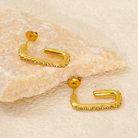 Boucles D'oreilles Créoles Rectangulaires En Acier Inoxydable Plaquées Or 18K Zirconia Bijoux Minimalistes Pour Femmes