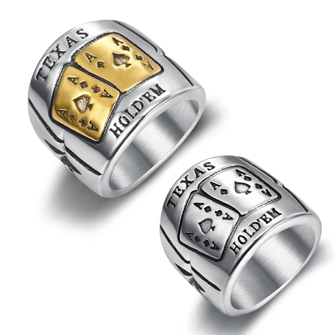 Texas Hold'em Poker Ace A Ring Stainless Steel Vintage Men Band Jewelry Two Tone Punk Hip Hop Style