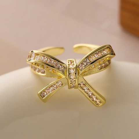 Bowknot Open Ring Copper 18K Gold Plated Cubic Zirconia Hollow Adjustable Finger Jewelry For Women Luxury Fashion
