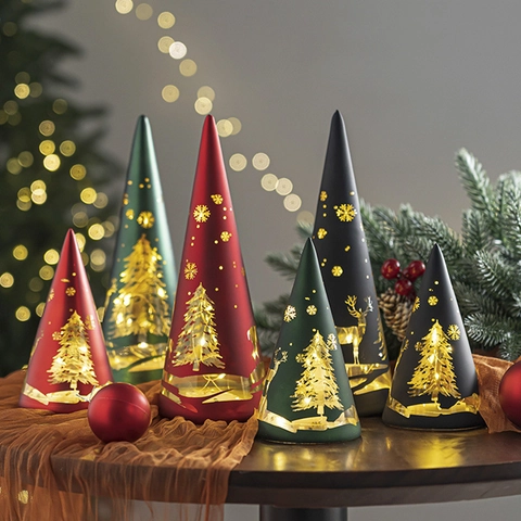 Christmas Tree LED Night Light Frosted Glass Conical Desktop Ornament Warm Atmosphere For Festive Home Decoration