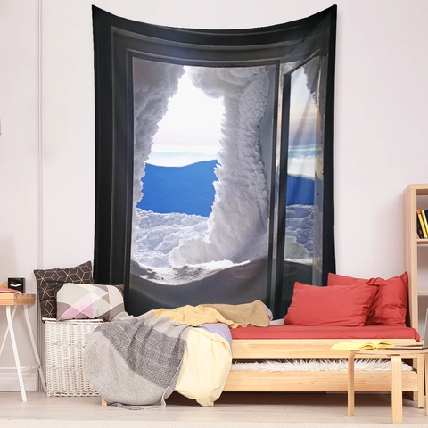 3D Window View Wall Tapestry Landscape Scenery Hanging Cloth Polyester Artistic Home Decor For Bedroom Living Room