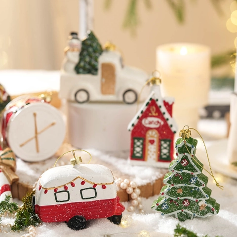 Weihnachtsbaum Schmuck Anhänger Glitzer Kunststoff Festliche Dekoration Retro LKW Haus Zuckerstangen Formen Für Zuhause