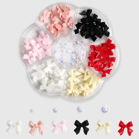 3D Bows And Faux Artificial Pearls Nail Art Charms Mixed Colors Resin Flowers DIY Manicure Decorations In Storage Box