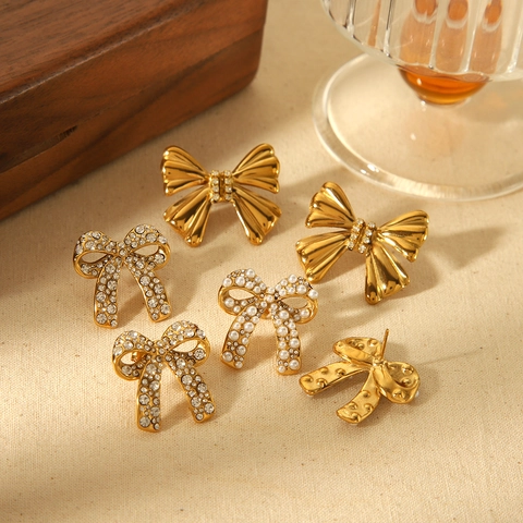 Pendientes De Botón Con Lazo Acero Inoxidable Chapado Oro 18K Brillantes Strass Perla Artificial Sintética Elegante Joyería Mujer