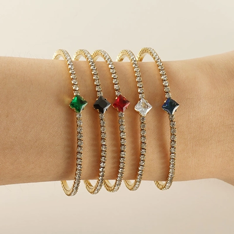 Vintage Stainless Steel Open Cuff Bracelet 18K Gold Plated With Square Colorful Zircon And Rhinestone For Women Jewelry
