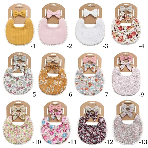Baby Bib And Headband Linen Cotton Absorbent Boho Floral Print Pom Pom Trim Drool Bib For Infants Toddlers Girls