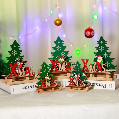 Hölzerner Weihnachts-Schlitten Schreibtisch Ornament DIY Montage Weihnachtsbaum Weihnachtsmann Schneemann Rentier Festliche Deko
