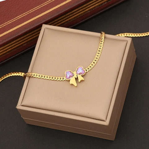 Bow Knot Jewelry Collection Gold Plated Stainless Steel Pink Heart Crystal Necklace Bracelet Earrings Elegant Trendy For Women