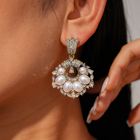 Pendientes Colgantes De Perlas Artificiales Y Diamantes De Imitación Barrocos Estilo Palacio Hueco Para Mujeres Con Poste De Plata