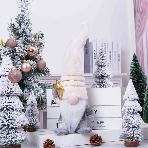 Gnome De Noël En Peluche Décoration Avec Étoile Dorée Chapeau À Paillettes Longue Barbe Corps À Carreaux Ornement De Table