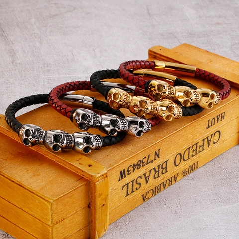 Bracciale Da Uomo Teschio Acciaio Inossidabile 316L Corda In Pelle Intrecciata Fibbia Magnetica Punk Gothic Retro Gioielli