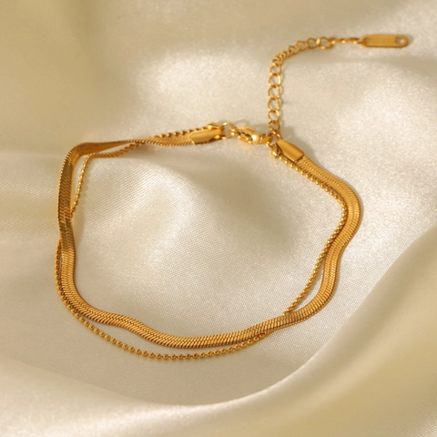 Double Layer Anklet 18K Gold Plated Stainless Steel Flat Snake Round Bead Chain Waterproof Jewelry For Women