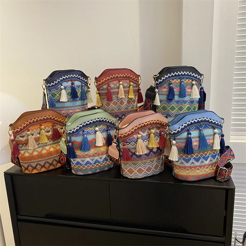 Women Bohemian Ethnic Woven Bucket Bag Colorful Geometric Pattern Tassel Crossbody Bag Wide Adjustable Shoulder Strap Retro Travel Casual Handbag