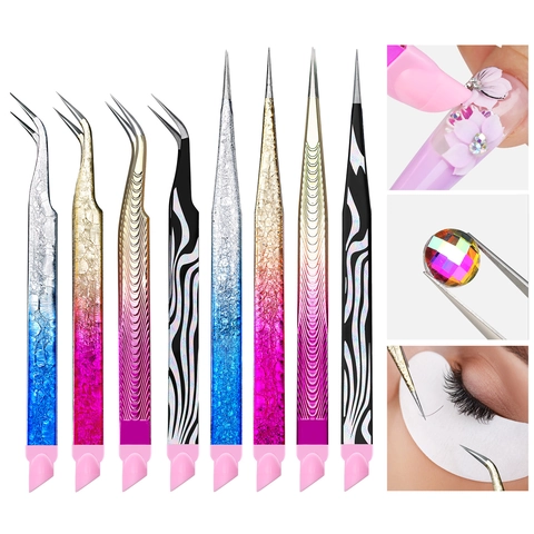Pince De Précision En Acier Inoxydable Pour Nail Art Et Extension De Cils À Double Tête Avec Bâton De Pression En Silicone