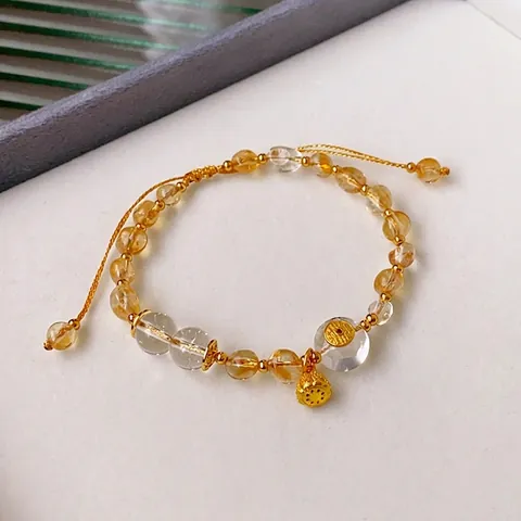 Natural Gemstone Beaded Bracelet Yellow Rutilated Quartz Amethyst White Crystal Copper Zircon Lotus Pendant Adjustable Cord