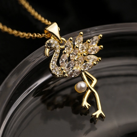 Collana Con Pendente Fenicottero Uccello Placcata Oro Rame Zircone Colorato Imitazione Perla Artificial Gioielli Eleganti Per Donna