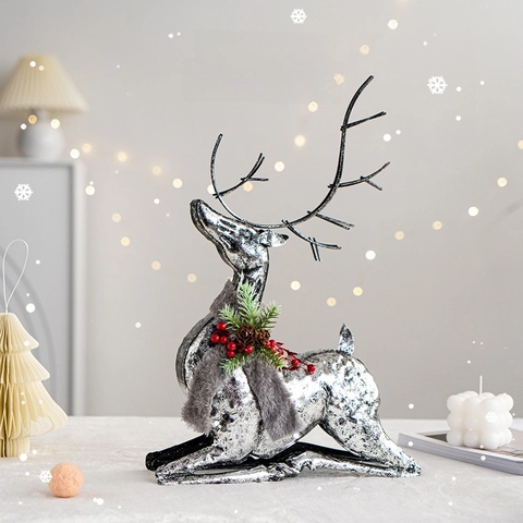 Christmas Reindeer Ornament Iron Metal Plastic Tabletop Deer Figurine Scarf Pine Cone Home Desktop Decoration Xmas Party