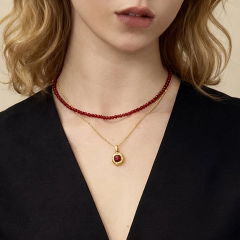 Layered Necklace Gold Plated Tiger Eye Agate Beaded Chain Retro Round Pendant Clavicle Jewelry For Women