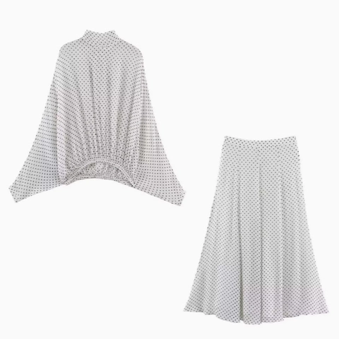 Chemise Et Jupe Polyester À Pois Femme Blouse À Nœud Manches Longues Et Jupe Longue Taille Haute Évasée Rétro