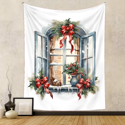 Arazzo Da Parete Scena Di Neve Invernale Acquerello Albero Di Natale Vista Finestra Tessuto Di Sfondo Per Decorazione Casa