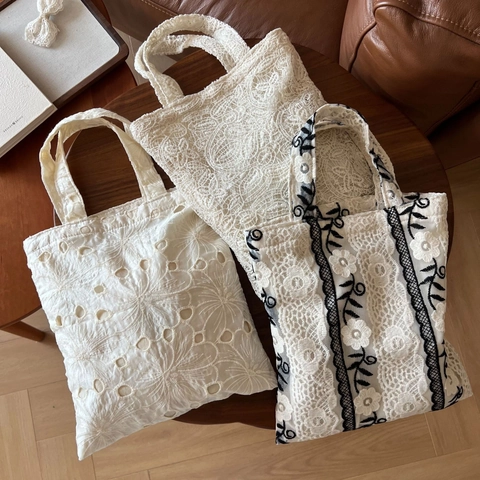French Vintage Lace Embroidery Handbag Cotton Hollow Floral Small Tote Bag For Women Casual Daily Summer Aesthetic