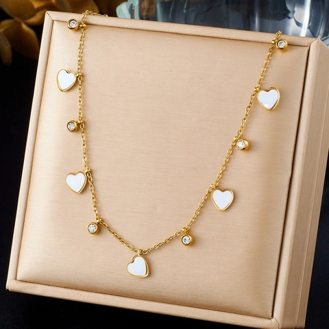 Heart Necklace Gold Plated Stainless Steel Black White Enamel Zirconia Charm Minimalist Jewelry For Women Daily Wear
