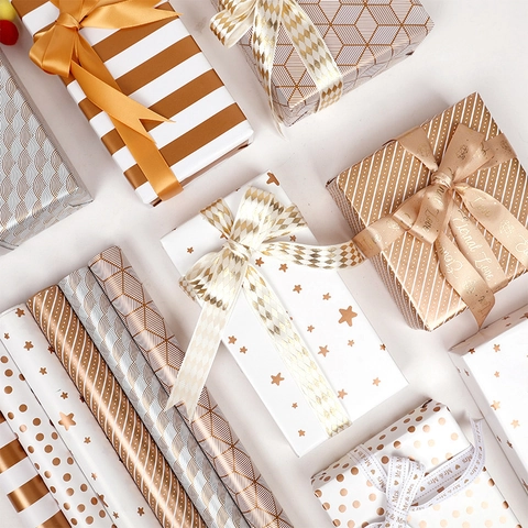 Gold Foil Metallic Gift Wrapping Paper Roll Polka Dot Stripe Star Geometric Pattern For Birthday Wedding Valentine
