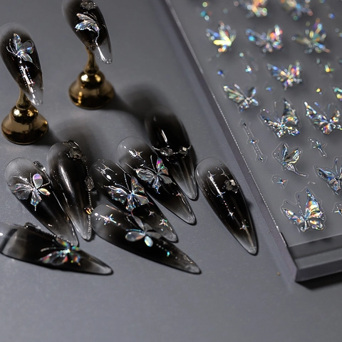 Holographic Butterfly Nail Art Stickers Laser Star Patterns PET Adhesive Ultra Thin Dark Sweet Cool Style For Manicure