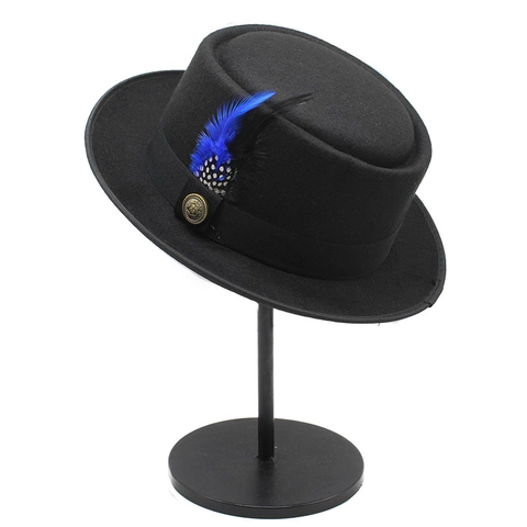 Vintage Wool Felt Pork Pie Hat With Feather Decoration Metal Button British Gentleman Fedora For Men Women