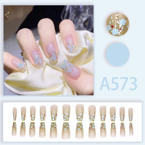 Press On Nails Flower Pattern Ice Transparent Glitter Coffin Shape Square Artificial False Nails Removable Sweet Fresh Style