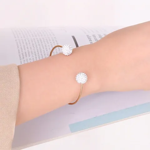 Minimalist Cuff Bangle Bracelet For Women Stainless Steel With Rhinestone Balls Open C Shape Elegant Fashion Jewelry
