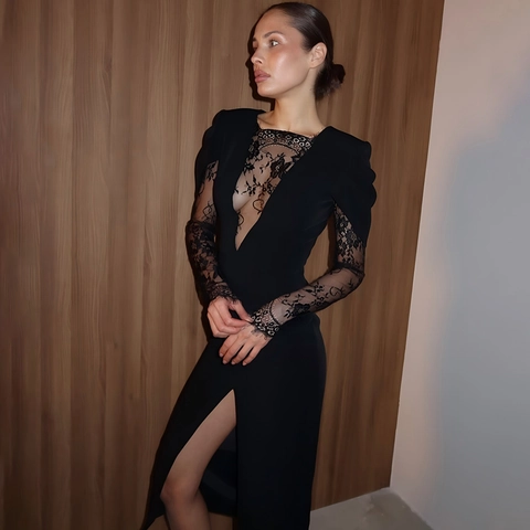 Abito Lungo Da Donna Con Patchwork In Pizzo E Scollo A V Profondo Maniche Lunghe Spacco Alto Vestibilità Slim Feste