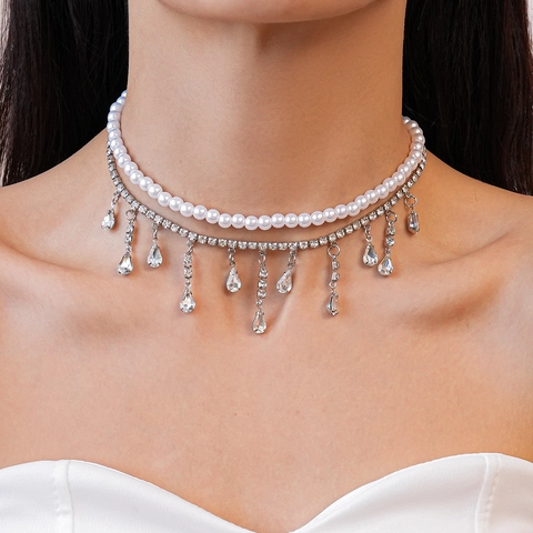 Layered Necklace With Imitation Artificial Pearl And Zircon Water Drop Pendant Rhinestone Clavicle Chain For Women